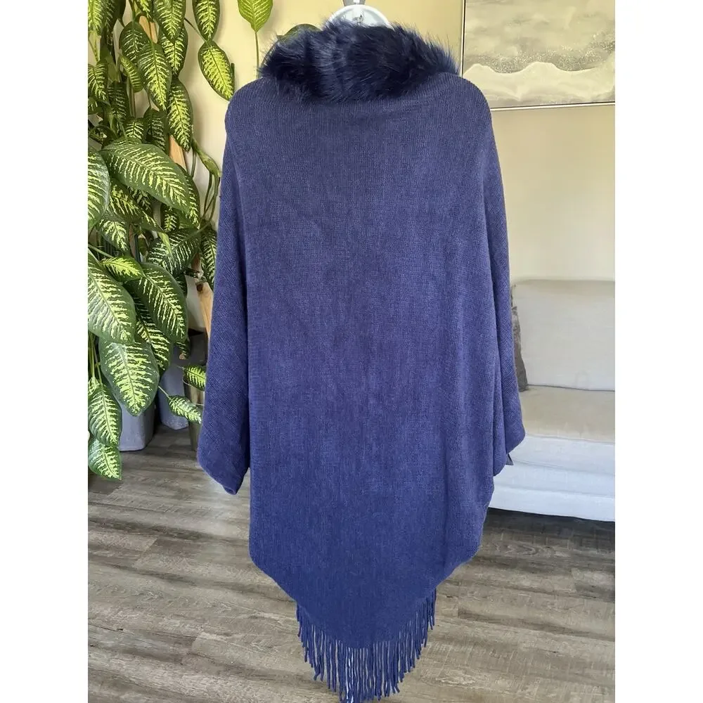 Tamsy Boutique Navy Blue Faux Fur Poncho Old Money Cape Wrap OS #1017